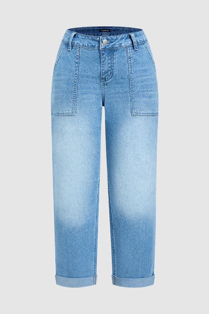 Roll Hem Mid Waist Straight Leg Crop Jeans Without Belt