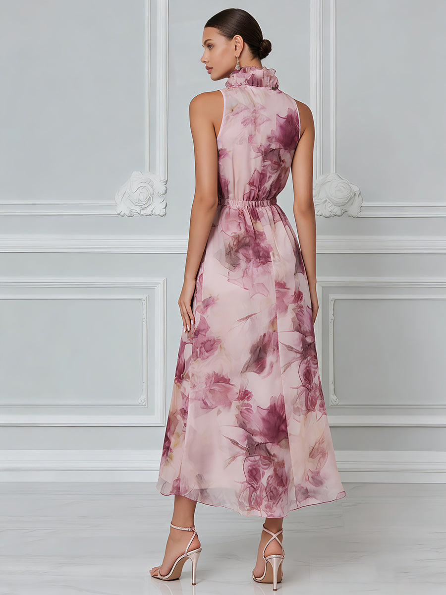 Ethereal Mauve Floral Chiffon Maxi Dress