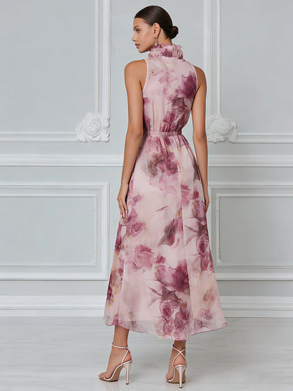 Ethereal Mauve Floral Chiffon Maxi Dress