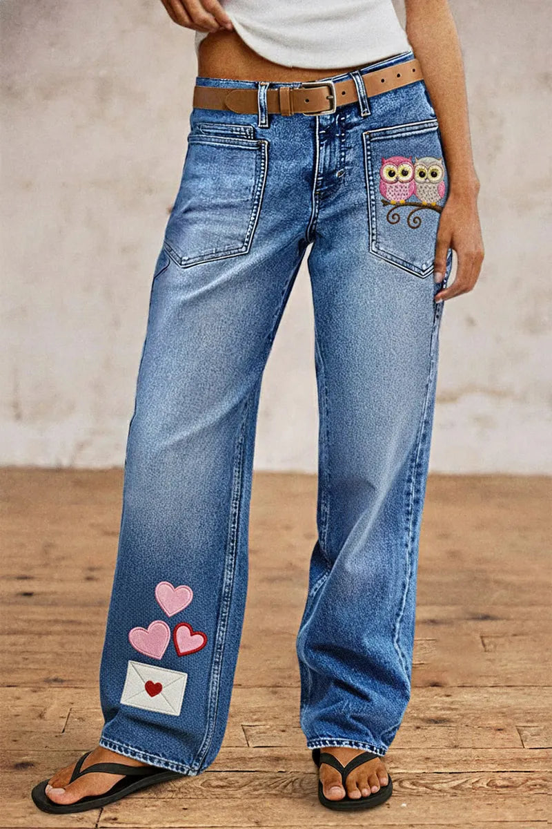 Valentine's Day Pattern Embroidered Patch Pocket Mid Rise Straight Leg Jeans Without Belt