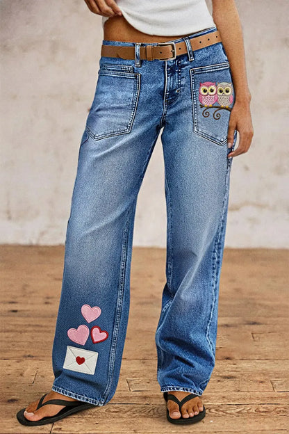 Valentine's Day Pattern Embroidered Patch Pocket Mid Rise Straight Leg Jeans Without Belt