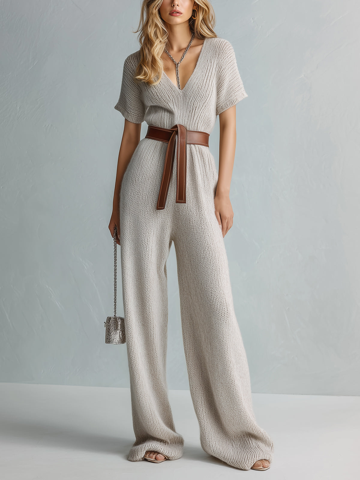 Chic Elegant Light Gray V-Neck Short-Sleeve Belted Loose-Fit Wide-Leg Knit Jumpsuit