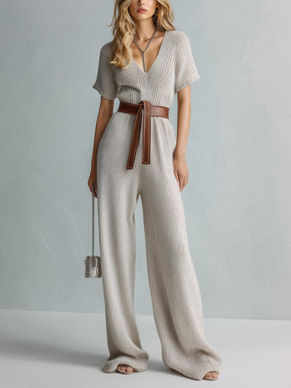 Chic Elegant Light Gray V-Neck Short-Sleeve Belted Loose-Fit Wide-Leg Knit Jumpsuit