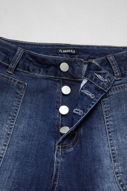 Multi Pocket Button Fly Mid Rise Straight Leg Crop Jeans Without Belt