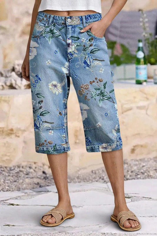 Floral Print Flap Pocket Mid Waist Barrel Leg Capri Jeans
