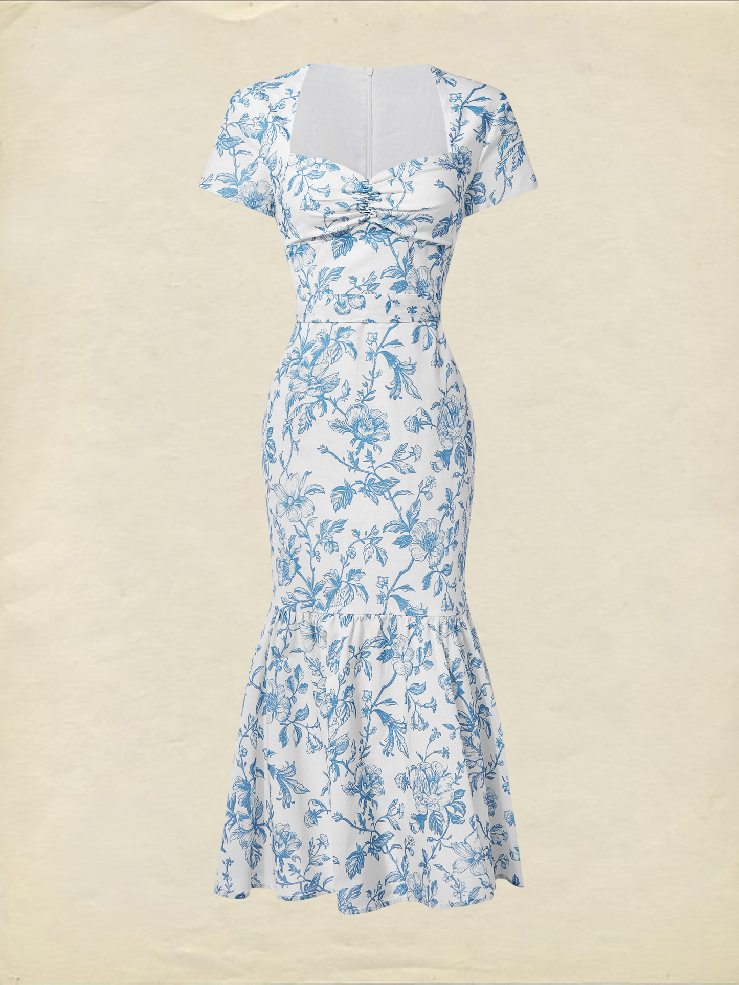 Robe midi en lin, manches courtes, encolure cœur, florale, volants, vintage, bleue