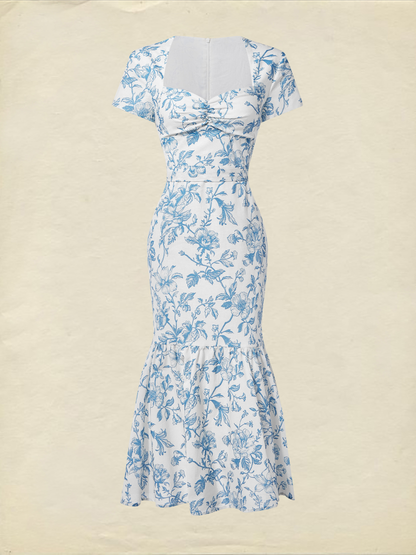 Robe midi en lin, manches courtes, encolure cœur, florale, volants, vintage, bleue