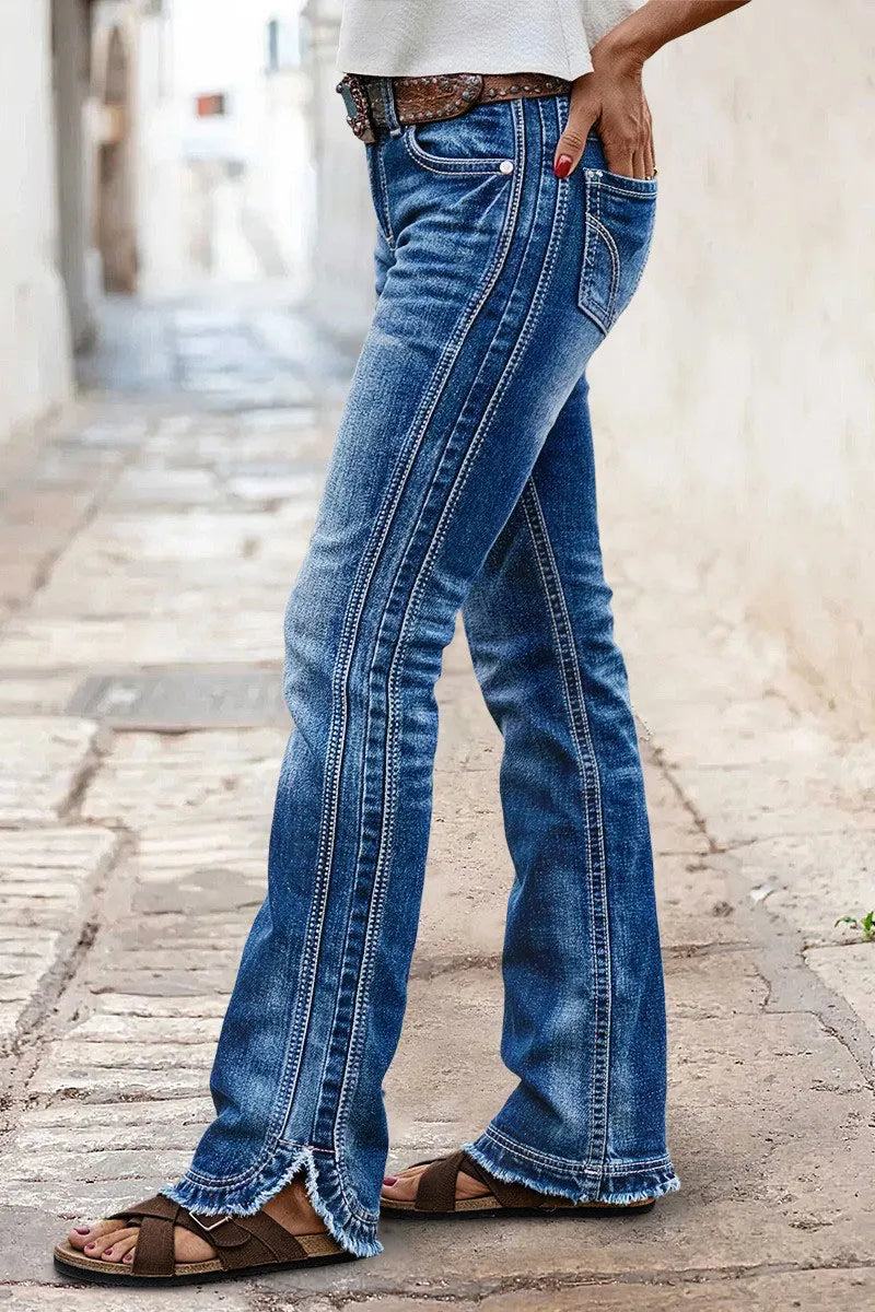 Stitch Detail Raw Hem Split Mid Waist Bootcut Jeans Without Belt