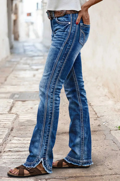 Stitch Detail Raw Hem Split Mid Waist Bootcut Jeans Without Belt