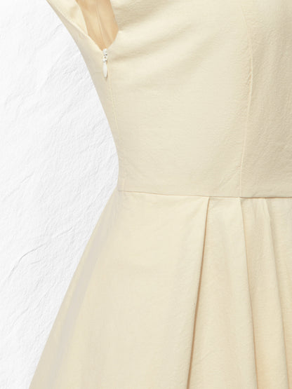 Robe midi en lin, manches courtes, col bateau, unie, vintage, blanc cassé