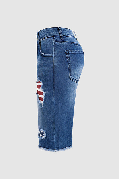 American Flag Patched Ripped Raw Hem Mid Rise Denim Bermuda Shorts