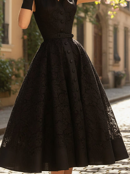 Robe Midi en Lin, Sans Manches, Col en V, Dentelle, Boutons Décoratifs, Style Vintage Français, Noir