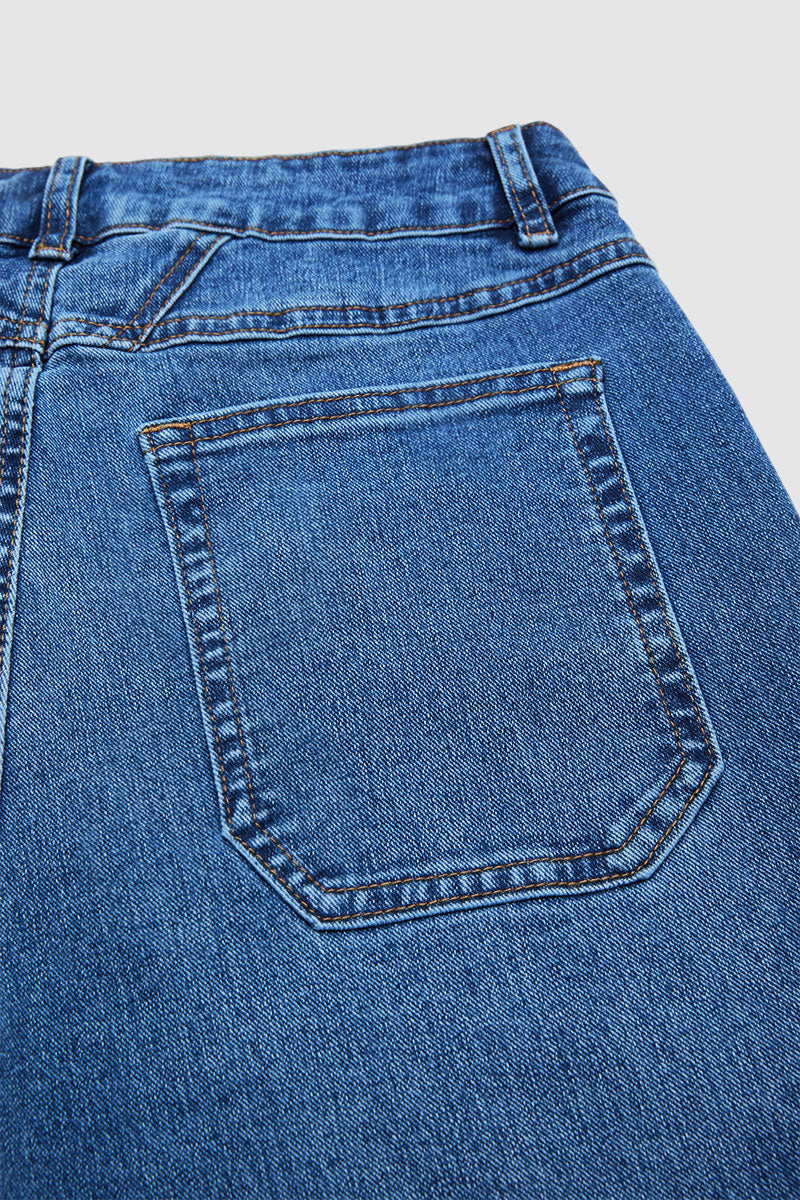 Wash Dual Button Mid Waist Straight Leg Crop Jeans