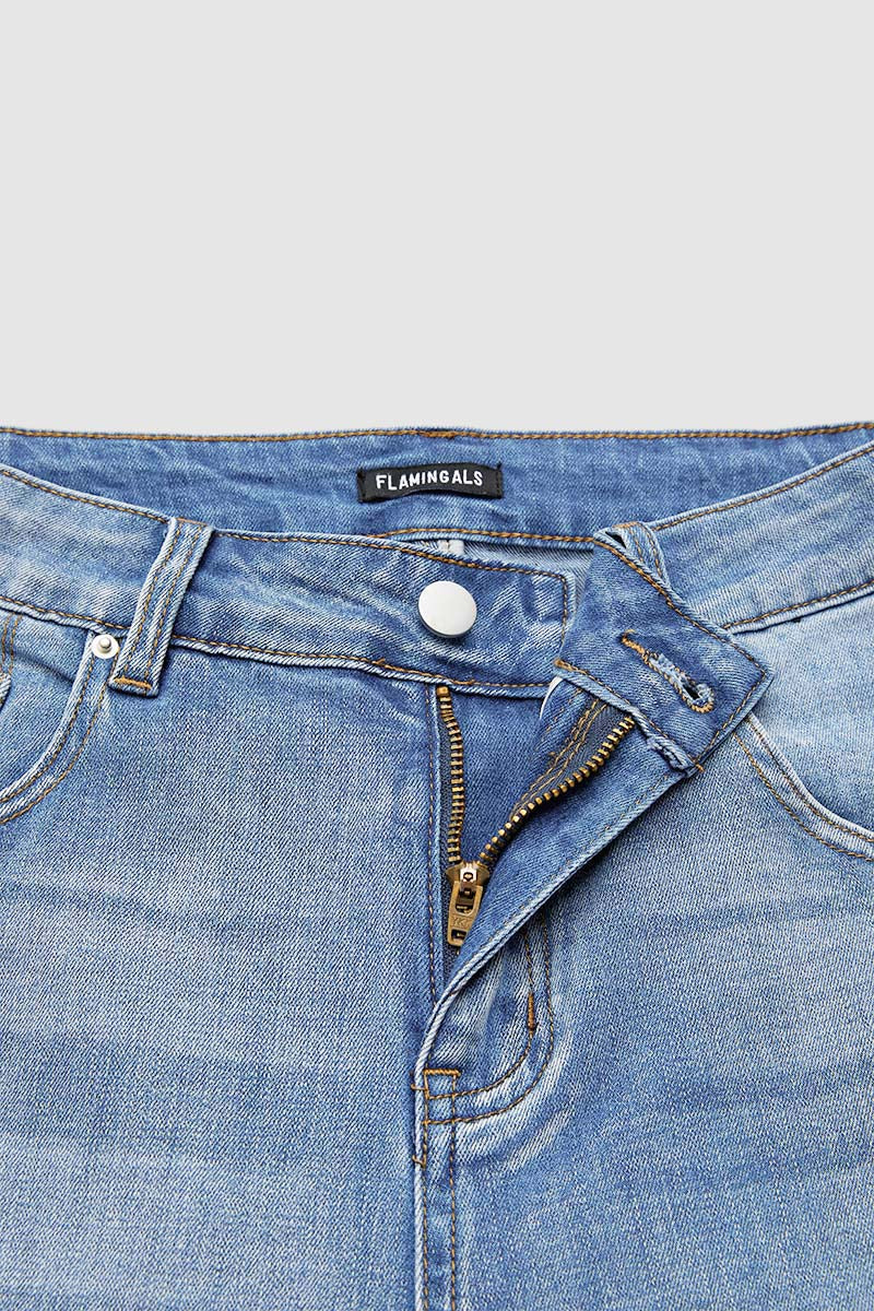 Embroidery Mid Waist Denim Bermuda Shorts Without Belt