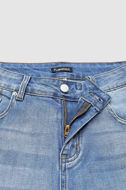 Embroidery Mid Waist Denim Bermuda Shorts Without Belt