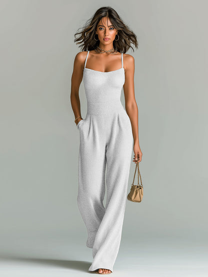 Chic Casual Camel Strappy Sleeveless Tailored Waist Wide Leg Ribbed Knit Jumpsuit