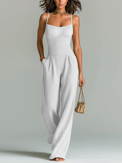 Chic Casual Camel Strappy Sleeveless Tailored Waist Wide Leg Ribbed Knit Jumpsuit