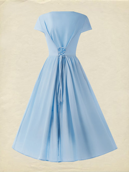Robe midi en lin, manches courtes, col en V, unie, dentelle, style vintage français, bleue