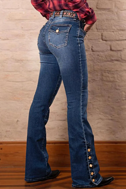 Wash Mid Waist Buttoned Hem Bootcut Jeans Without Belt