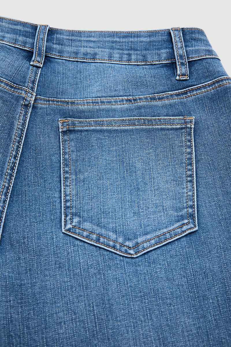 Wash Raw Hem Stitch Detail Mid Waist Straight Leg Cropped Jeans
