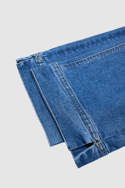 Wash Patch Pocket Split Hem High Rise Straight Leg Crop Jeans Without Belt