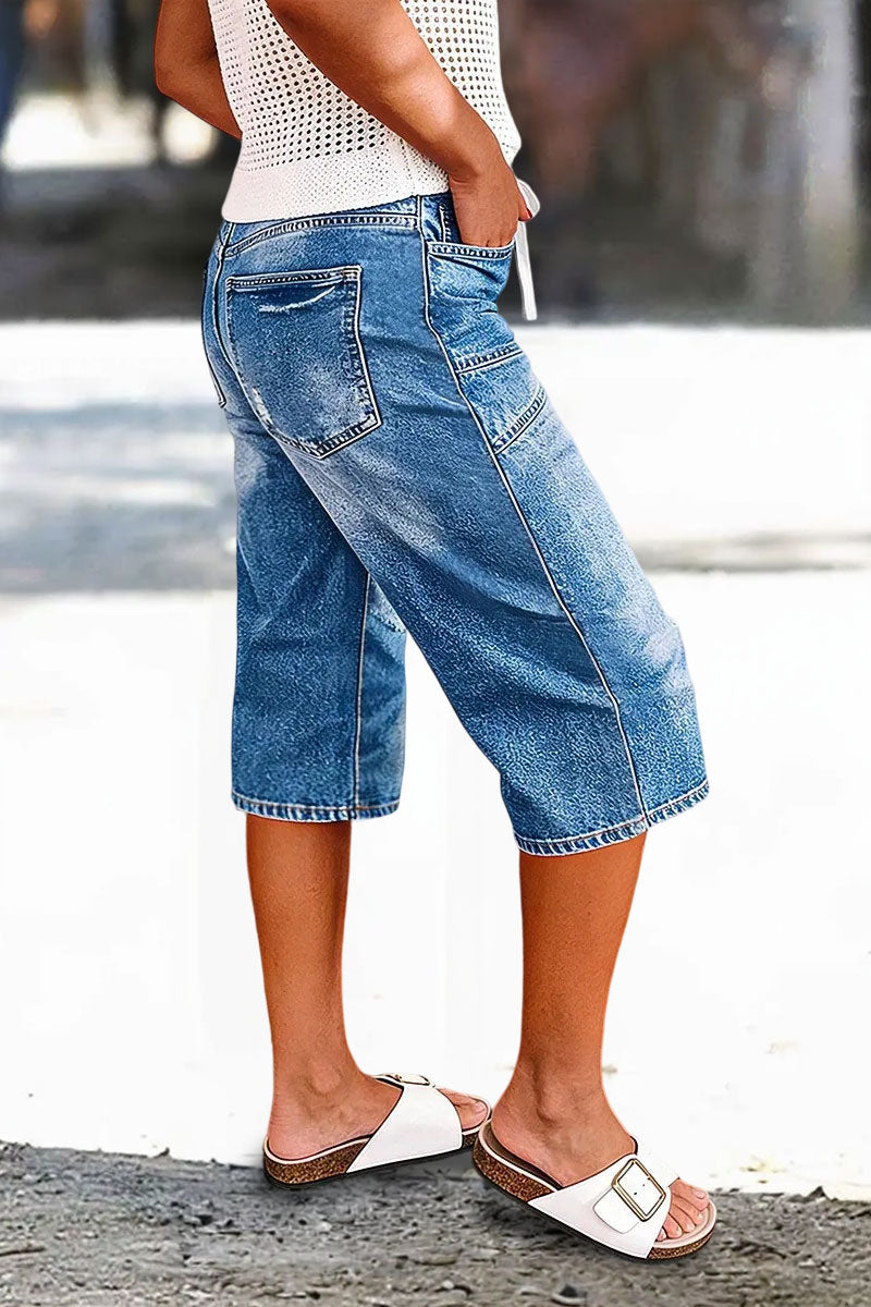 Wash Ripped Drawstring Mid Rise Straight Leg Capri Jeans
