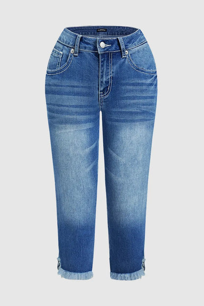 Star Embroidery Ripped Flap Pocket Raw Hem Mid Rise Capri Skinny Jeans