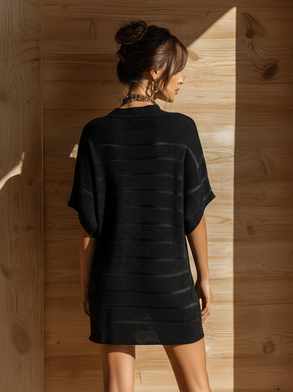 Chic Vintage Black Stripes Lace-Up Deep V-Neck Short-Sleeve Loose-Fit Knit Mini Dress