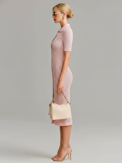 Chic Elegant Pink Lapel Single-Breasted Short-Sleeve Slim-Fit Waffle Knit Midi Dress
