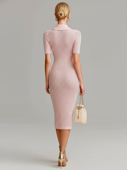 Chic Elegant Pink Lapel Single-Breasted Short-Sleeve Slim-Fit Waffle Knit Midi Dress