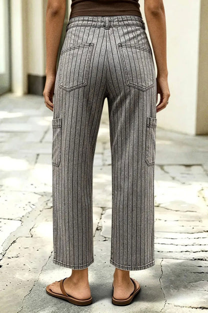 Pinstriped Drawstring Side Pocket High Waist Straight Leg Cropped Pants