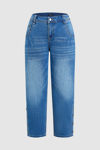 Wash Button Detail High Waist Straight Leg Cropped Jeans
