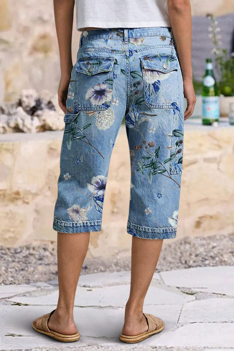 Floral Print Flap Pocket Mid Waist Barrel Leg Capri Jeans