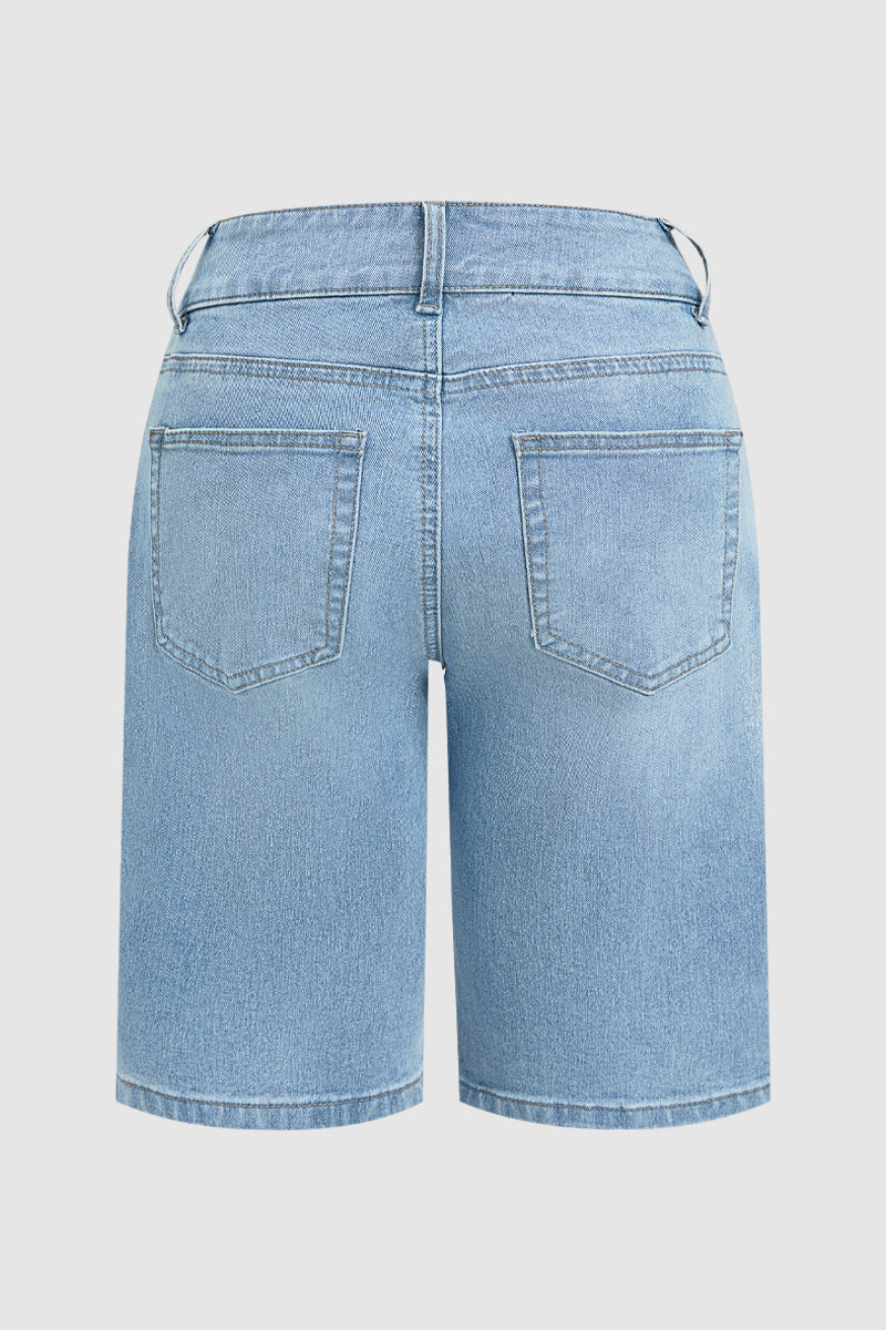 Wash Floral Embroidery High Waist Denim Bermuda Shorts