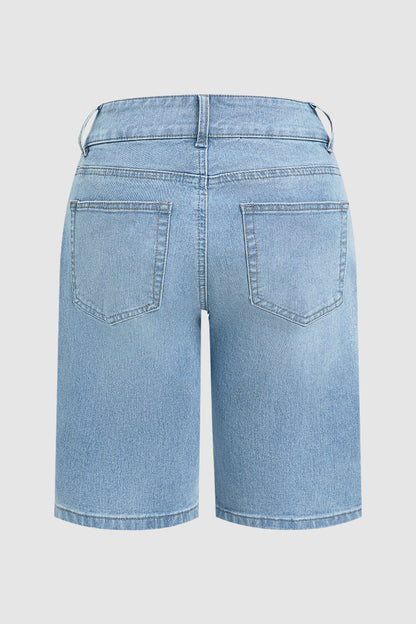 Wash Floral Embroidery High Waist Denim Bermuda Shorts