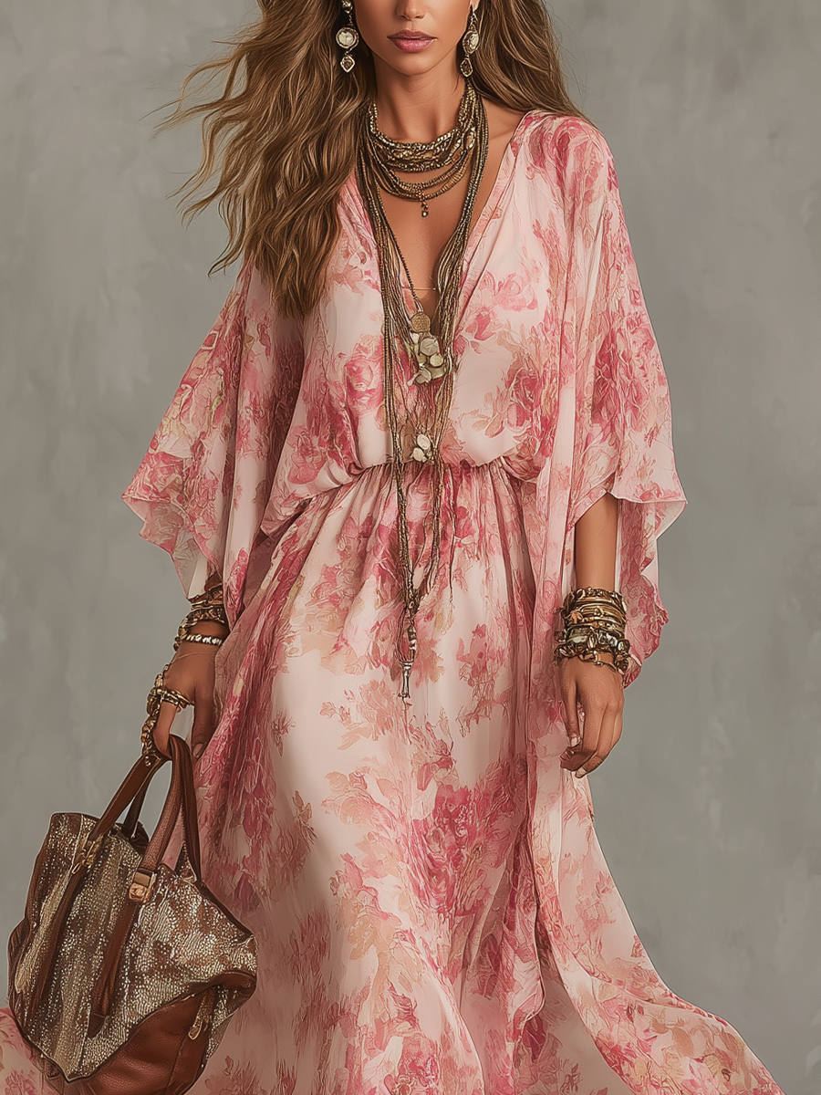 Robe longue fluide rose clair à imprimé floral