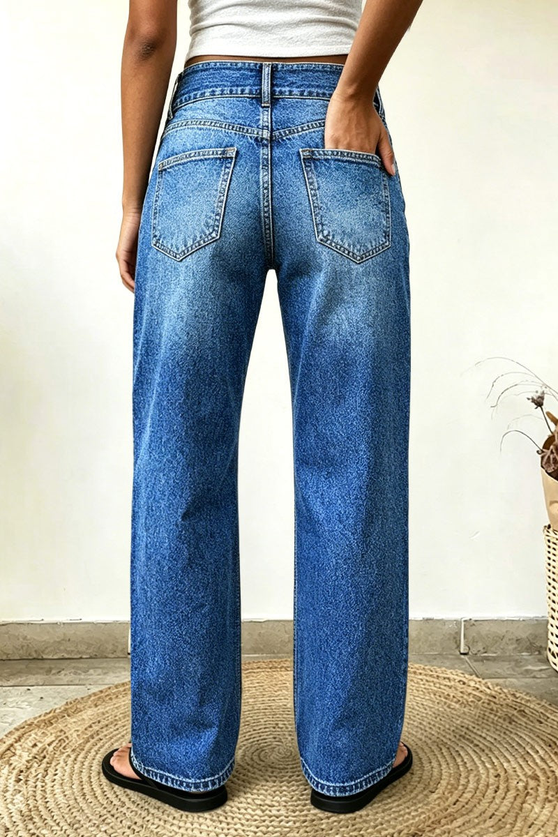 Asymmetrical Button Decor Stitch Decor Mid Waist Straight Leg Jeans