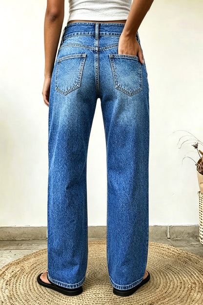 Asymmetrical Button Decor Stitch Decor Mid Waist Straight Leg Jeans