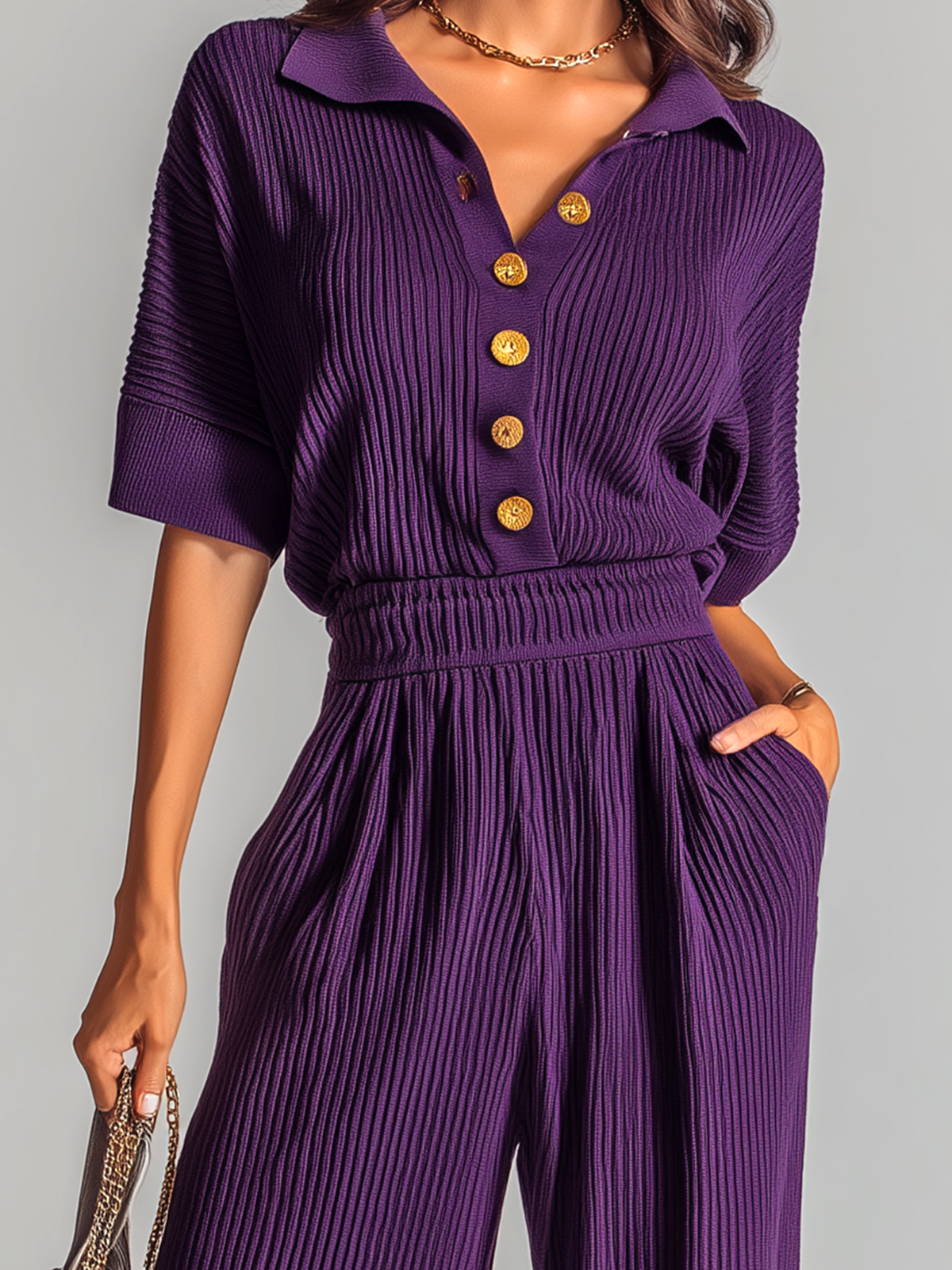 stylish Elegant Purple Short-sleeved Lapel Collar Button-Front Tailored Waist Wide-leg Knit Jumpsuit