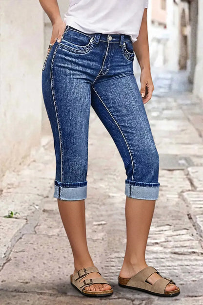 Wash Roll Hem Mid Rise Capri Skinny Jeans