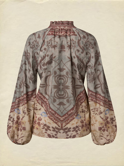 Chemise en coton, manches longues, col en V, motif cachemire, vintage, noire