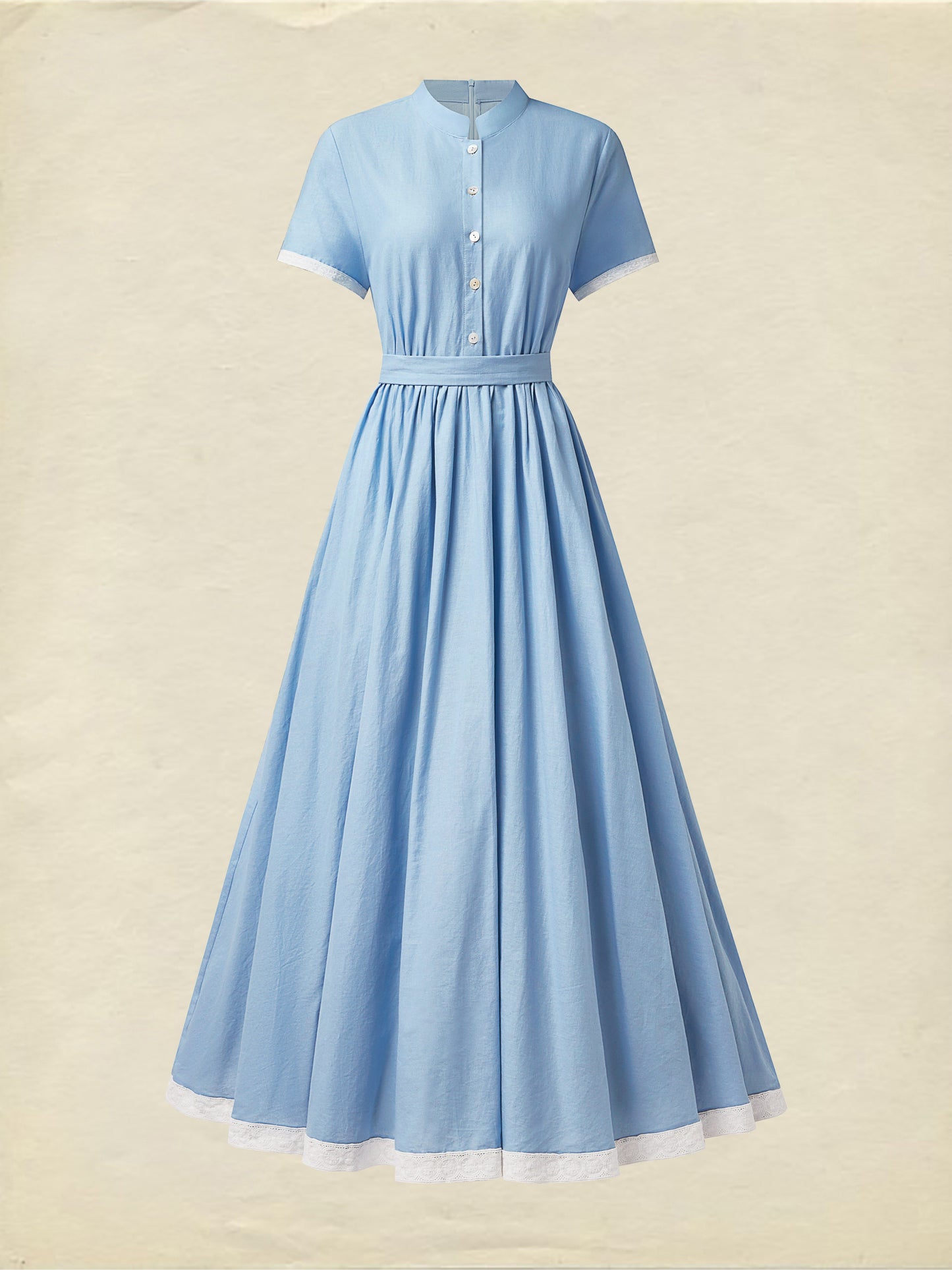 Robe longue en lin, manches courtes, col officier, unie, vintage, bleue