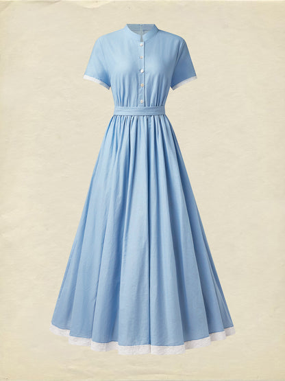 Robe longue en lin, manches courtes, col officier, unie, vintage, bleue