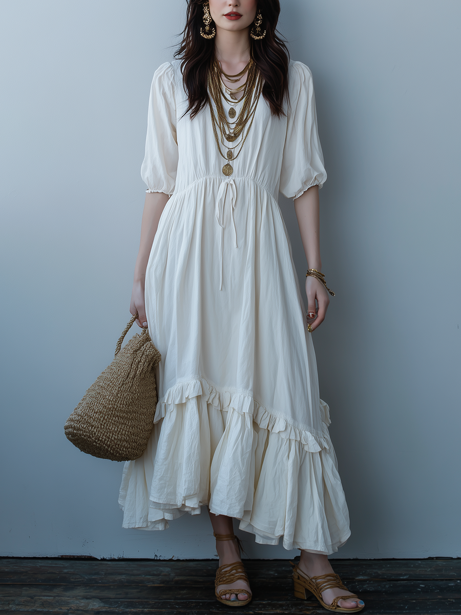 Robe mi-longue blanc ivoire taille haute avec cordon de serrage et ourlet volanté