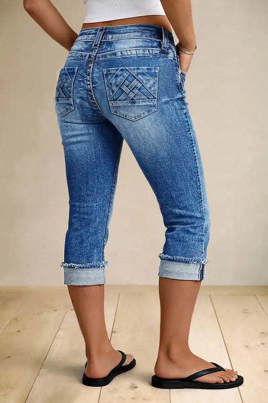 Roll & Raw Hem Criss Cross Mid Waist Straight Leg Capri Jeans