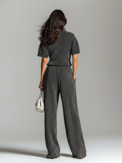 Chic Elegant Black Stripes Zipper-Up Stand Collar Short-Sleeve Loose-Fit Sweater And Wide-Leg Pants Knit Two-Piece Set