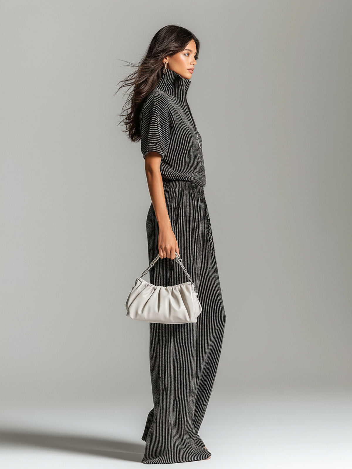Chic Elegant Black Stripes Zipper-Up Stand Collar Short-Sleeve Loose-Fit Sweater And Wide-Leg Pants Knit Two-Piece Set