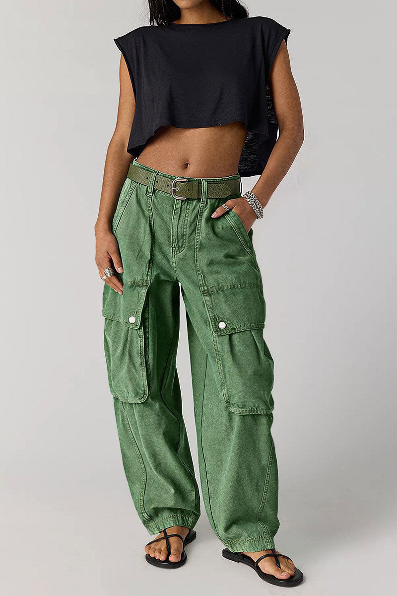 Solid Flap Pocket Mid Rise Wide Leg Cargo Pants Without Belt