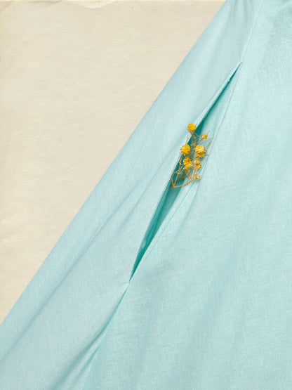 Robe longue en lin, sans manches, col rond, motif plumes, poches, vintage, bleu ciel