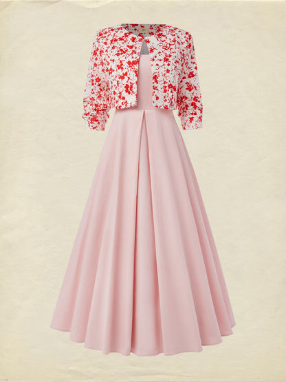 Ensemble robe longue en coton, manches mi-longues, col rond, fleuri, poches, vintage français, rose clair